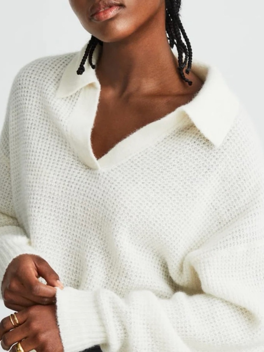 Everlane Cream knitted V-Neck Sweater - Medium | THE ALPACA WAFFLE-STITCH POLO